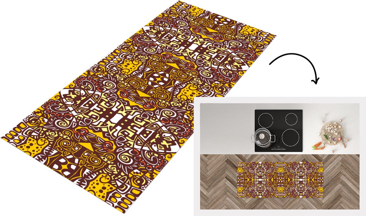 KitchenYeah Keukenloper - Loper keuken - Patroon - Azteken - Mexico - 120x50 cm - Keukenloper vinyl Multicolor