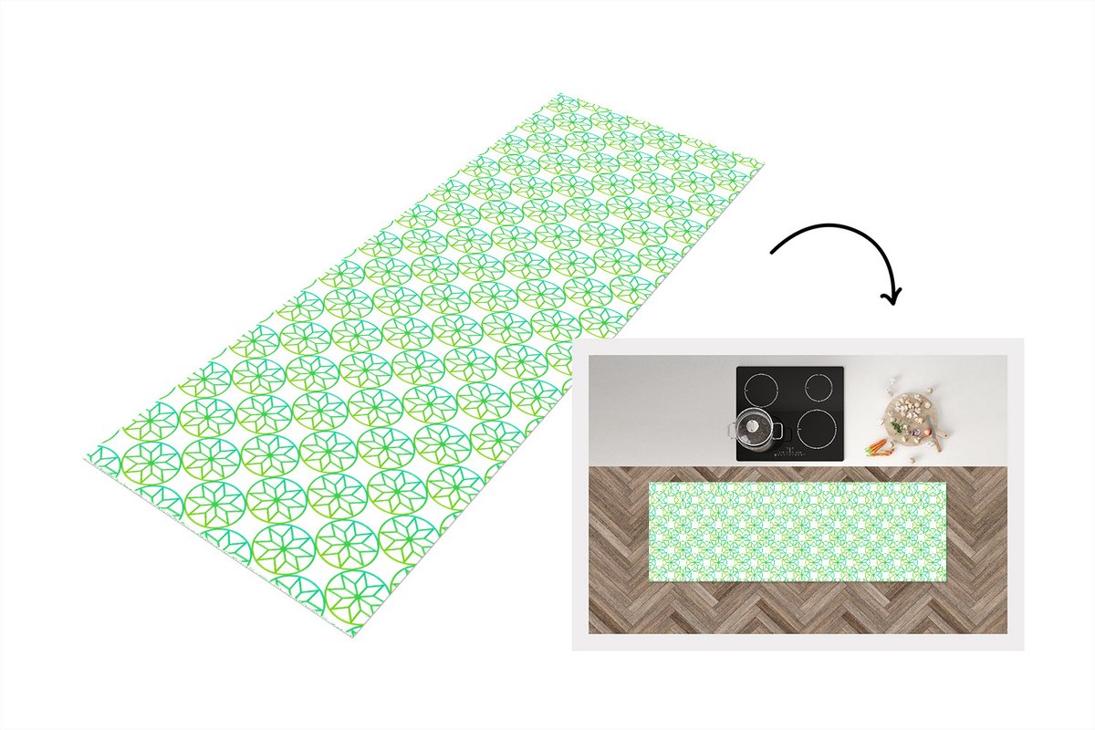 KitchenYeah Keukenloper - Loper keuken - Groen - Sterren - Patronen - Cirkel - 150x50 cm - Keukenloper vinyl Multicolor