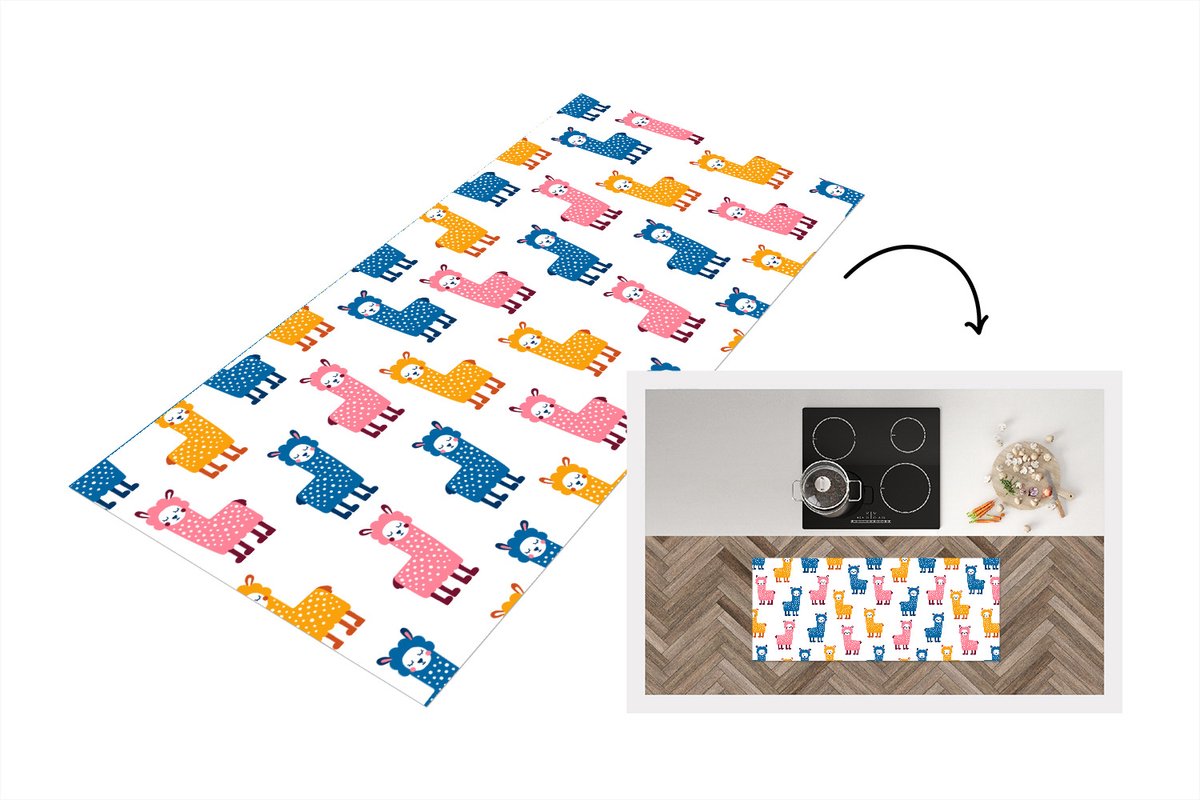 KitchenYeah Keukenloper - Loper keuken - Lama - Dieren - Patronen - Roze - Blauw - 120x50 cm - Keukenloper vinyl Multicolor