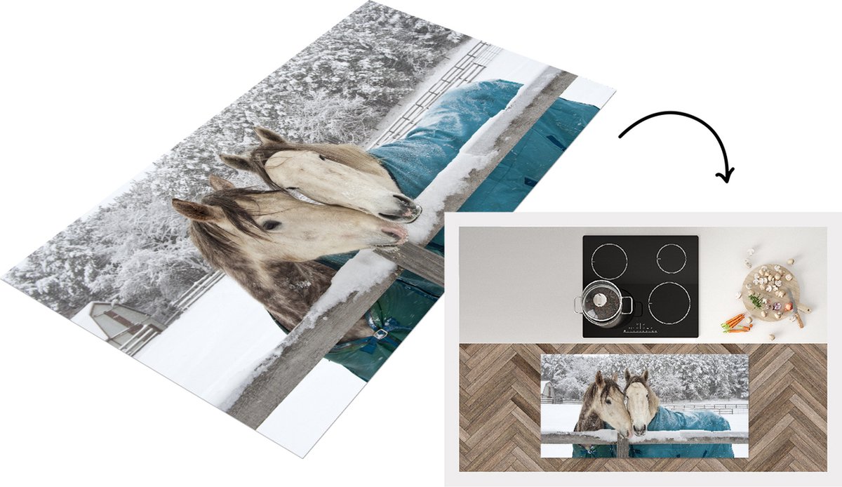 KitchenYeah Keukenloper - Loper keuken - Paarden - Deken - Sneeuw - 120x60 cm - Keukenloper vinyl Multicolor
