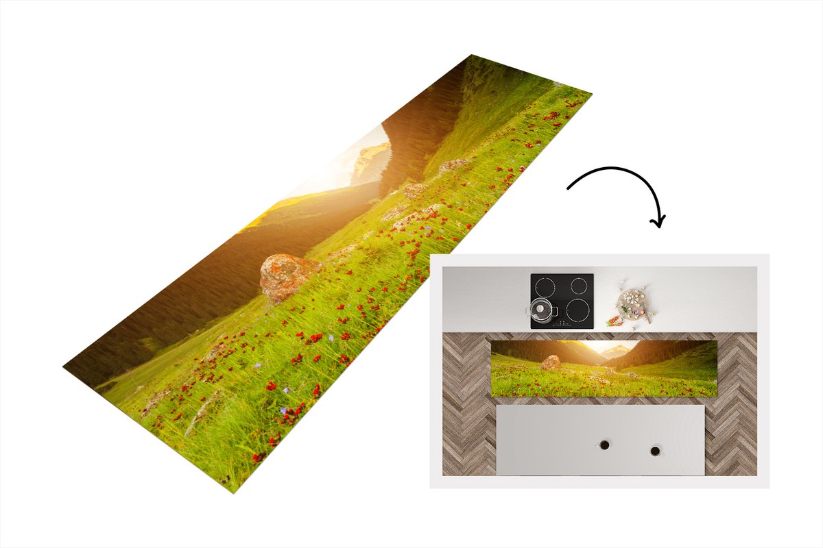 KitchenYeah Keukenloper - Loper keuken - Bloemen - Berg - Zon - Keukenloper vinyl multicolor, foto 6
