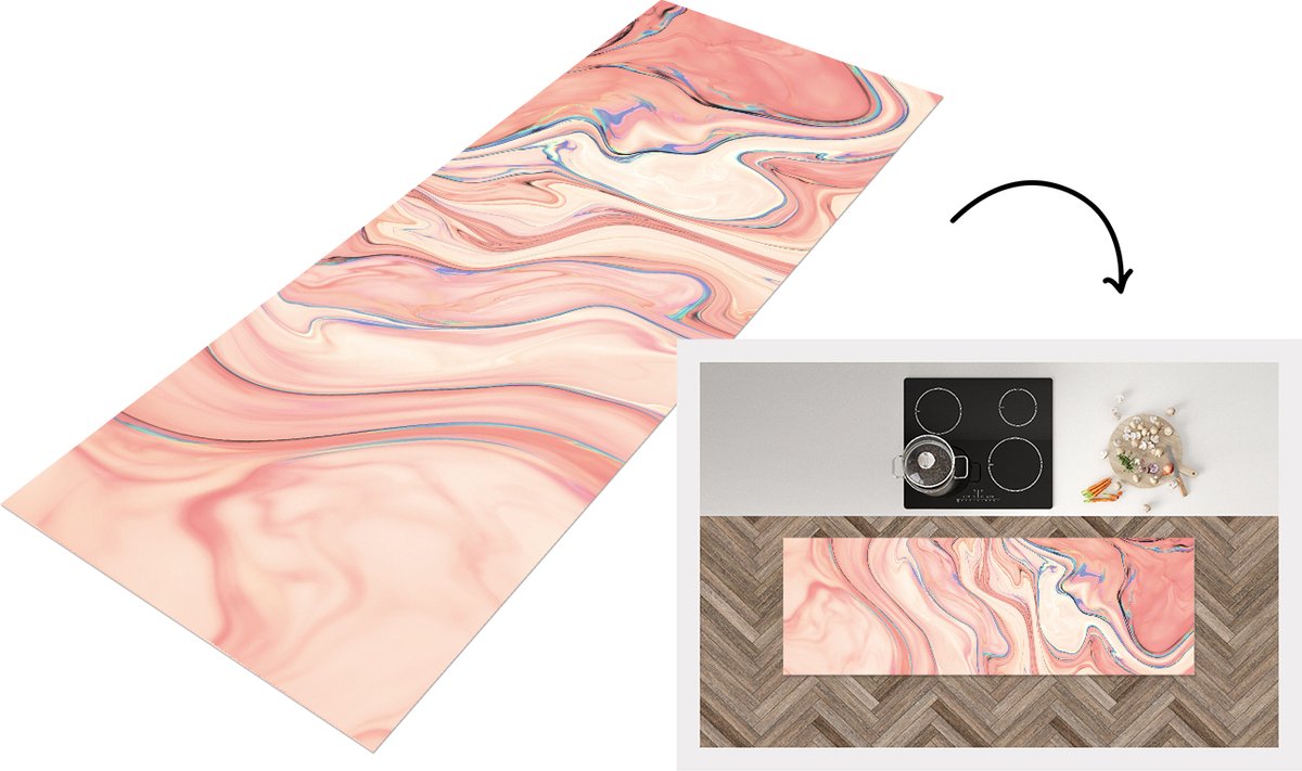 KitchenYeah Keukenloper - Loper keuken - Marmer - Pastel - Roze - 150x50 cm - Keukenloper vinyl Multicolor