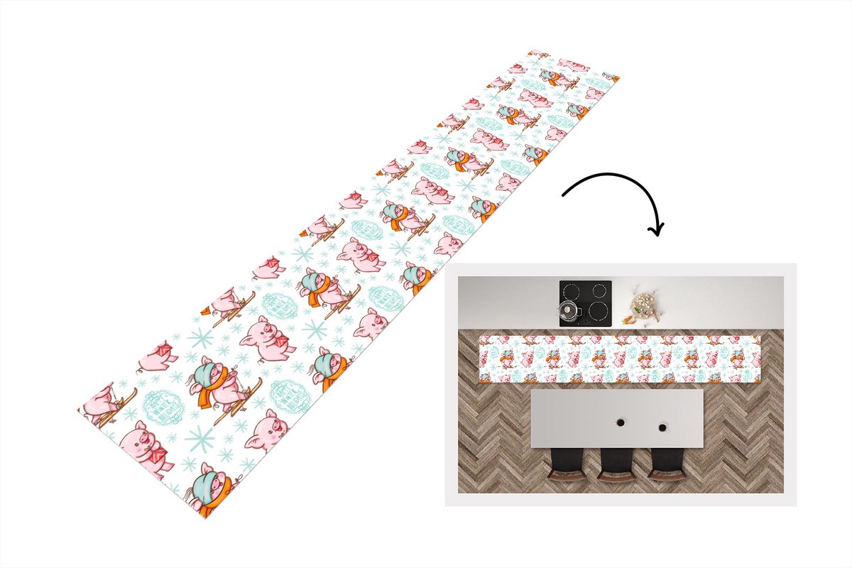 KitchenYeah Keukenloper - Loper keuken - Winter - Varkens - Sneeuw - Patroon - Skiën - 300x50 cm - Keukenloper vinyl Multicolor