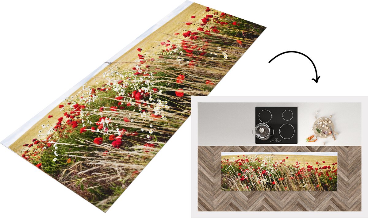 KitchenYeah Keukenloper - Loper keuken - Wolken - Bloemen - Rood - 180x60 cm - Keukenloper vinyl Multicolor