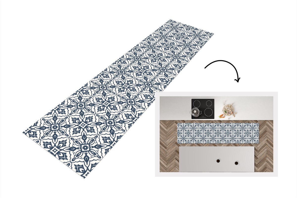 KitchenYeah Keukenloper - Loper keuken - Patronen - Mandala - Blauw - 200x50 cm - Keukenloper vinyl Multicolor