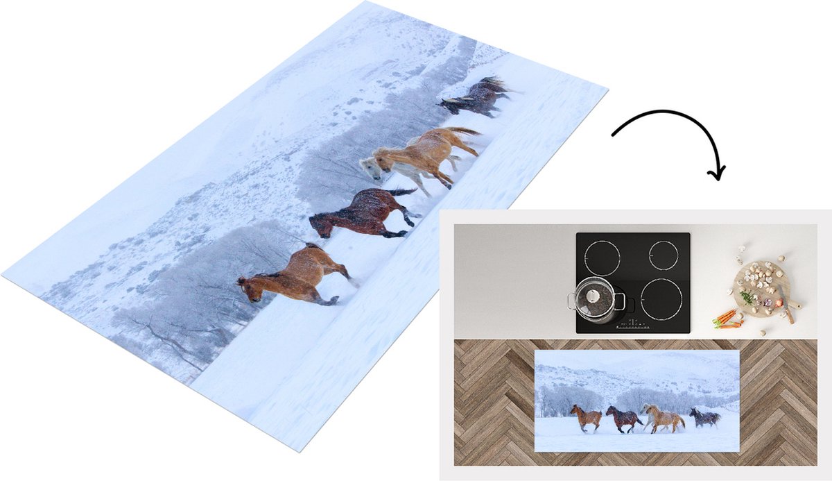 KitchenYeah Keukenloper - Loper keuken - Paarden - Sneeuw - Winter - 120x60 cm - Keukenloper vinyl Multicolor