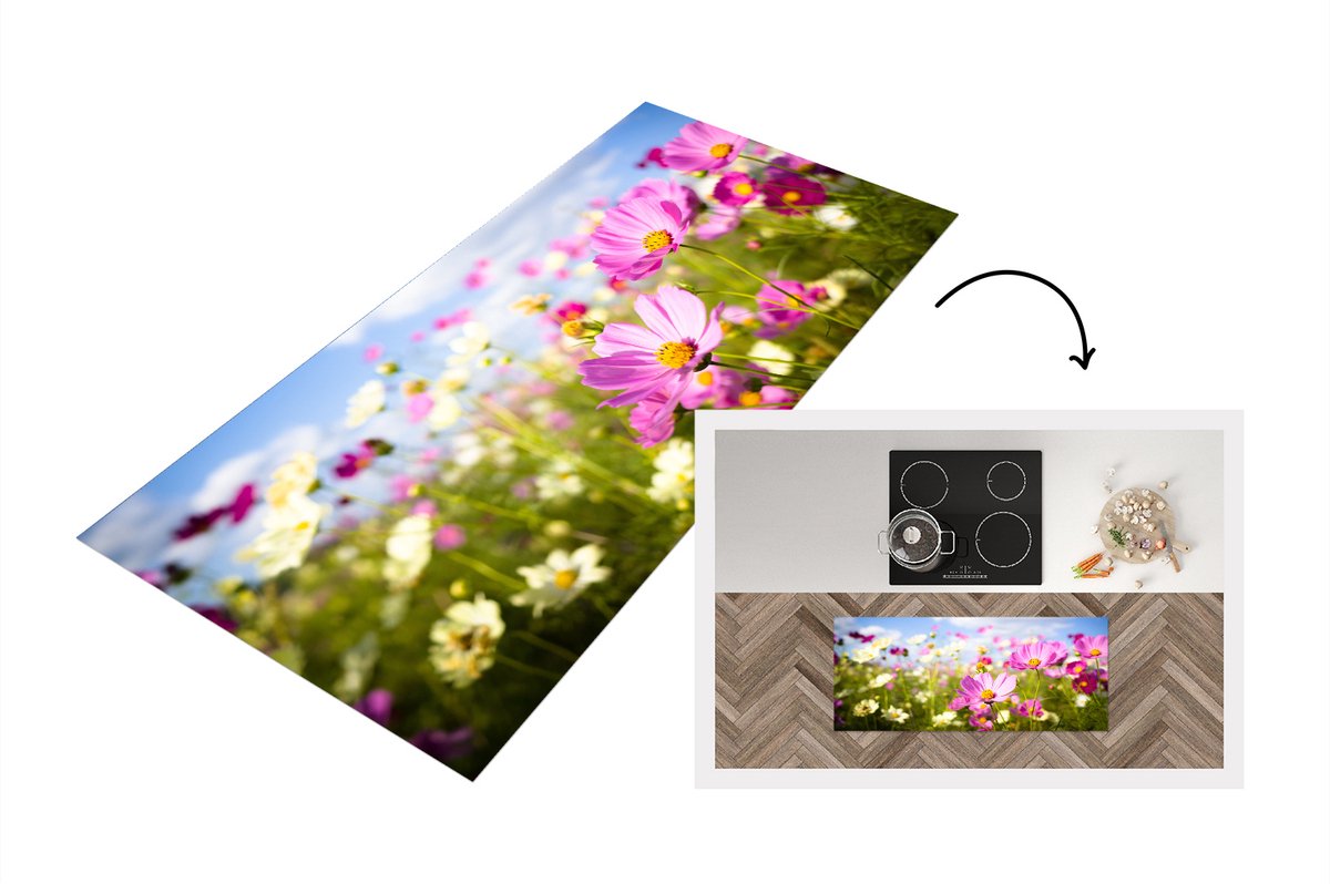 KitchenYeah Keukenloper - Loper keuken - Bloemen - Wei - Paars - 120x50 cm - Keukenloper vinyl Multicolor