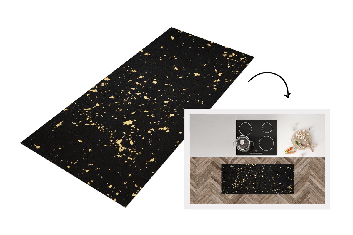 KitchenYeah Keukenloper - Loper keuken - Gouden vlokken op een zwarte achtergrond - 120x50 cm - Keukenloper vinyl Multicolor