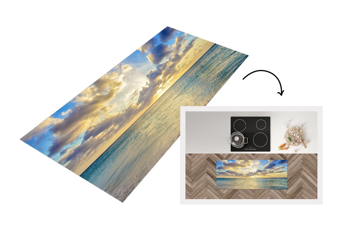 KitchenYeah Keukenloper - Loper keuken - Zee - Strand - Wolken - Zon - 120x50 cm - Keukenloper vinyl Multicolor