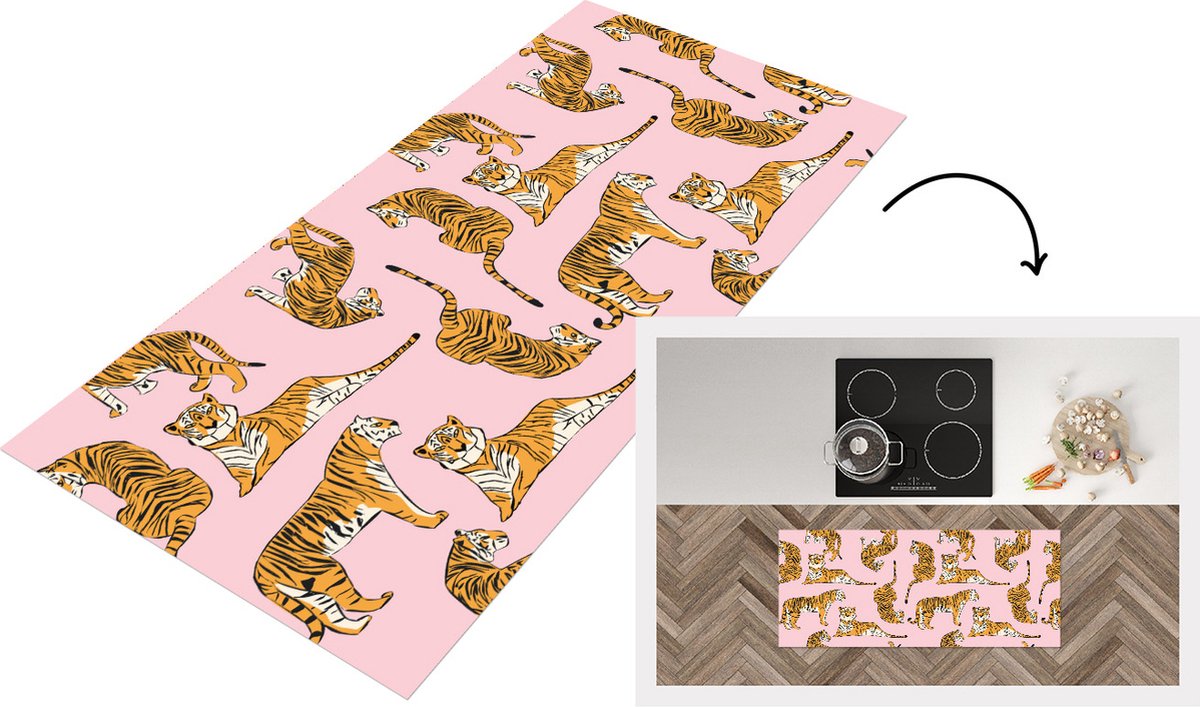 KitchenYeah Keukenloper - Loper keuken - Patroon - Tiger - Dieren - 120x50 cm - Keukenloper vinyl Multicolor