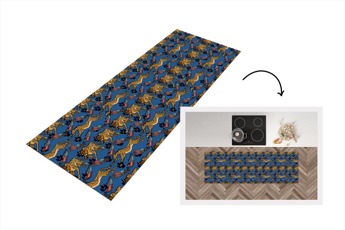 KitchenYeah Keukenloper - Loper keuken - Patroon - Cheetah - Veren - 150x50 cm - Keukenloper vinyl Multicolor