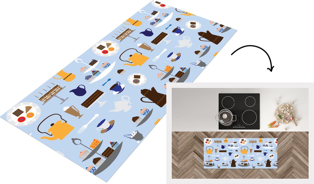 KitchenYeah Keukenloper - Loper keuken - Patronen - Cupcake - Theepot - Thee - 120x50 cm - Keukenloper vinyl Multicolor