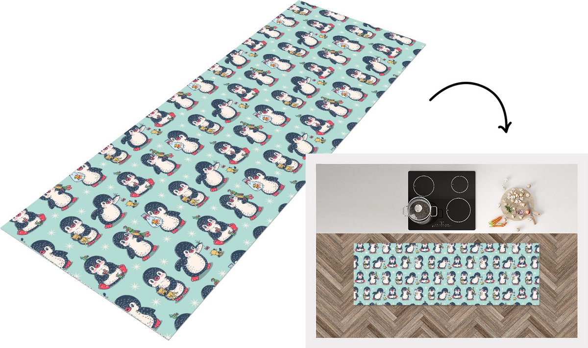 KitchenYeah Keukenloper - Loper keuken - Dieren - Patronen - Pinguïn - 180x60 cm - Keukenloper vinyl Multicolor