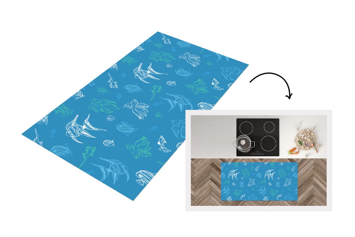 KitchenYeah Keukenloper - Loper keuken - Vissen - Pastel - Patronen - Zee - 120x60 cm - Keukenloper vinyl Multicolor