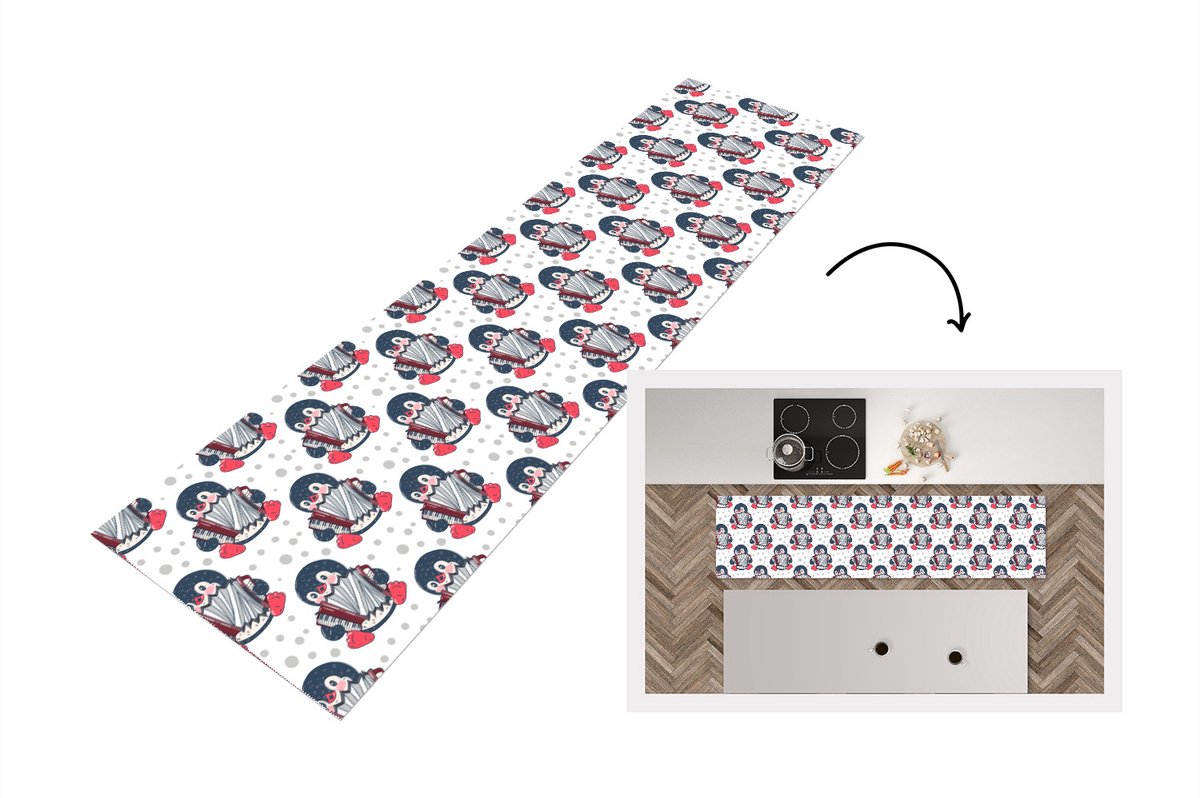 KitchenYeah Keukenloper - Loper keuken - Accordeon - Pinguïn - Patronen - 200x50 cm - Keukenloper vinyl Multicolor