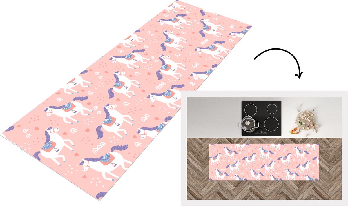 KitchenYeah Keukenloper - Loper keuken - Paard - Hart - Patronen - 150x50 cm - Keukenloper vinyl Multicolor