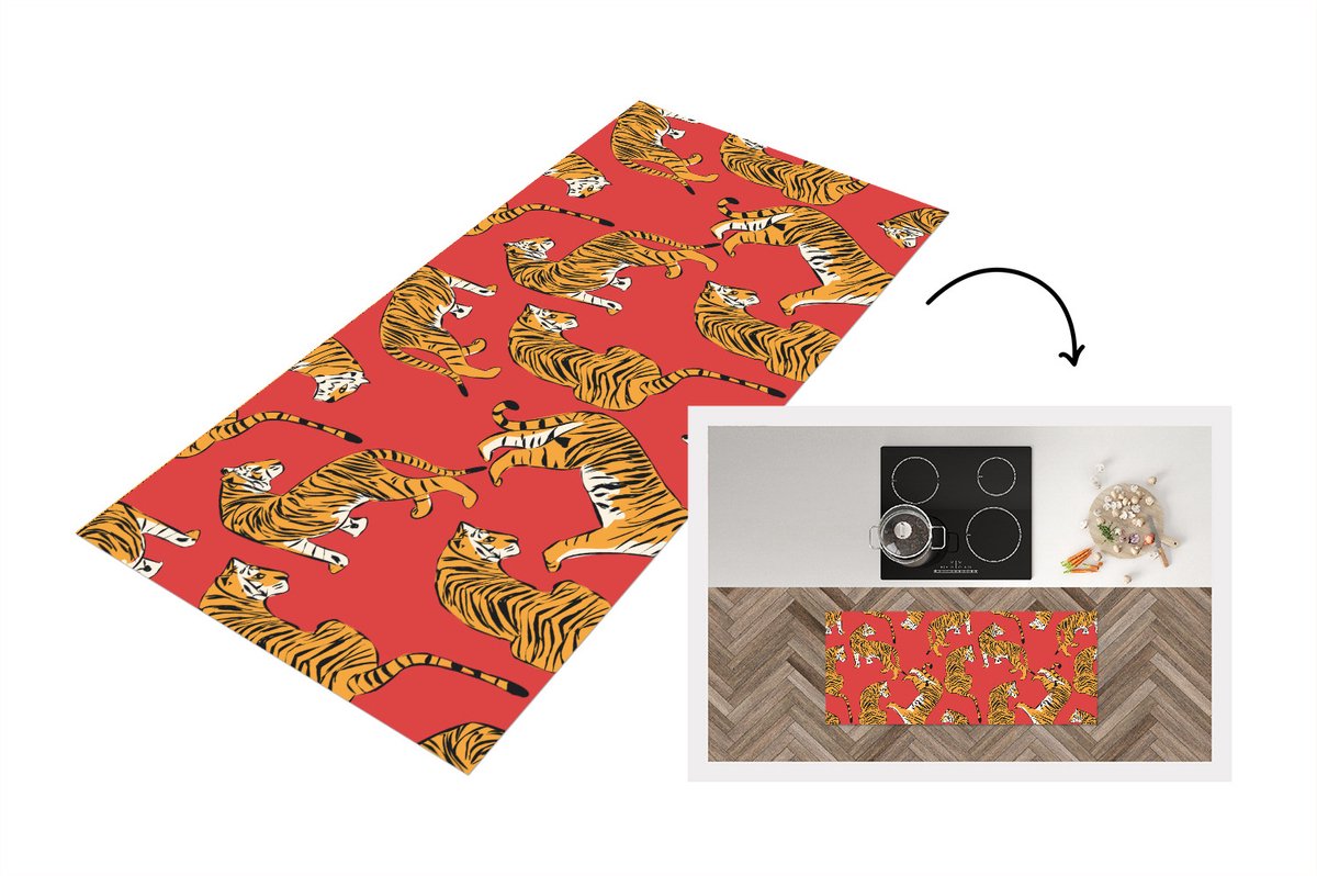 KitchenYeah Keukenloper - Loper keuken - Tiger - Jungle - Patronen - 120x50 cm - Keukenloper vinyl Multicolor