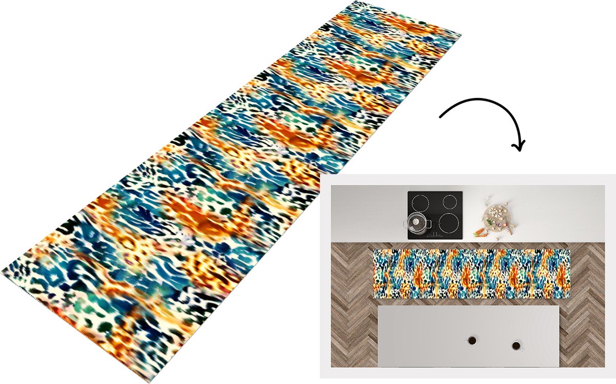 KitchenYeah Keukenloper - Loper keuken - Oranje - Blauw - Dierenprint - Patronen - 240x60 cm - Keukenloper vinyl Multicolor