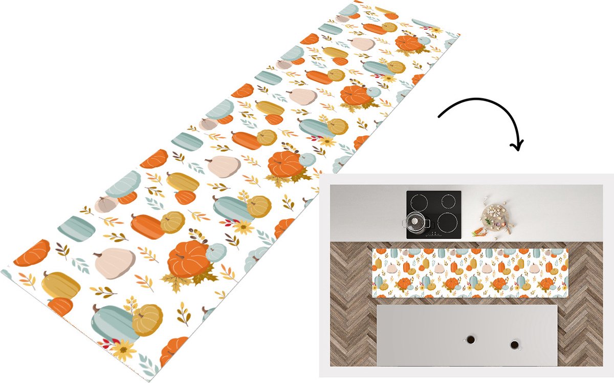 KitchenYeah Keukenloper - Loper keuken - Pompoen - Herfst - Patroon - 200x50 cm - Keukenloper vinyl Multicolor
