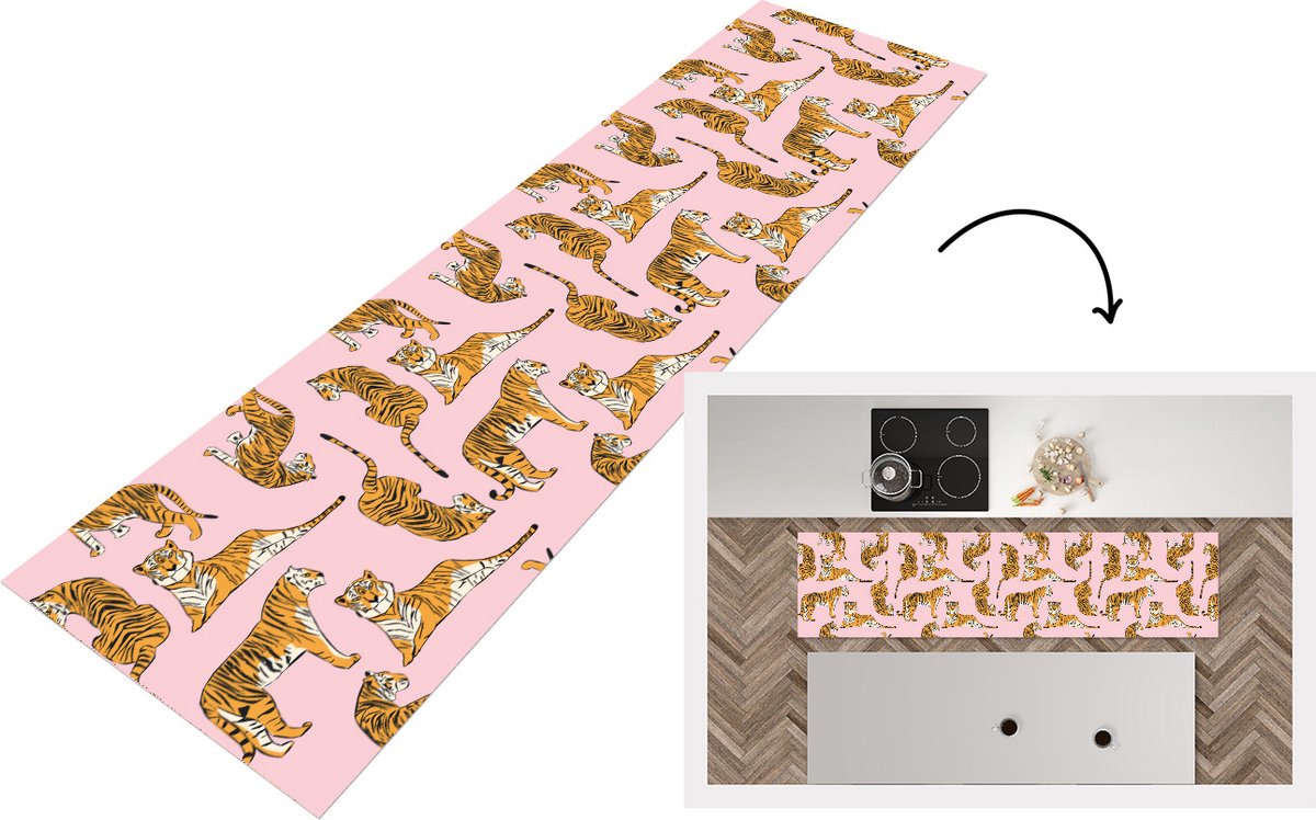 KitchenYeah Keukenloper - Loper keuken - Patroon - Tiger - Dieren - 200x50 cm - Keukenloper vinyl Multicolor