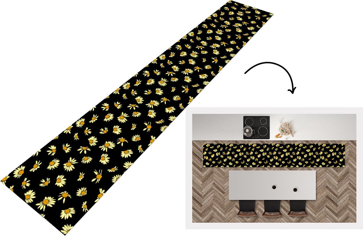 KitchenYeah Keukenloper - Loper keuken - Madelief - Zwart - Patroon - 300x50 cm - Keukenloper vinyl Multicolor