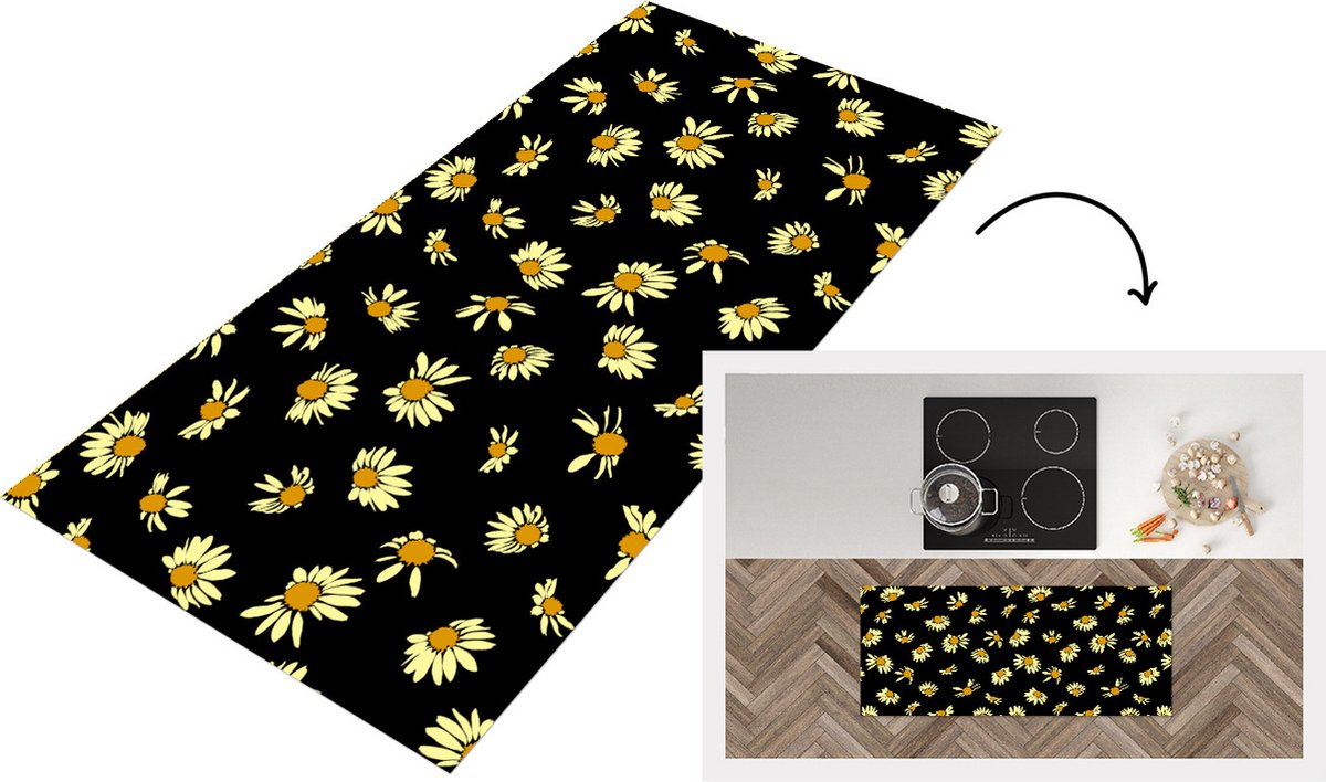 KitchenYeah Keukenloper - Loper keuken - Madelief - Zwart - Patroon - 120x50 cm - Keukenloper vinyl Multicolor