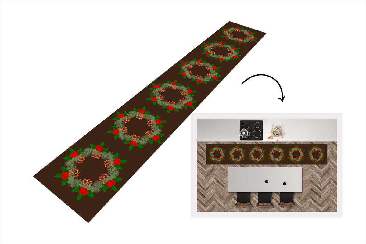 KitchenYeah Keukenloper - Loper keuken - Kerstkrans - Hulst - Patronen - Keukenloper vinyl multicolor, foto 6