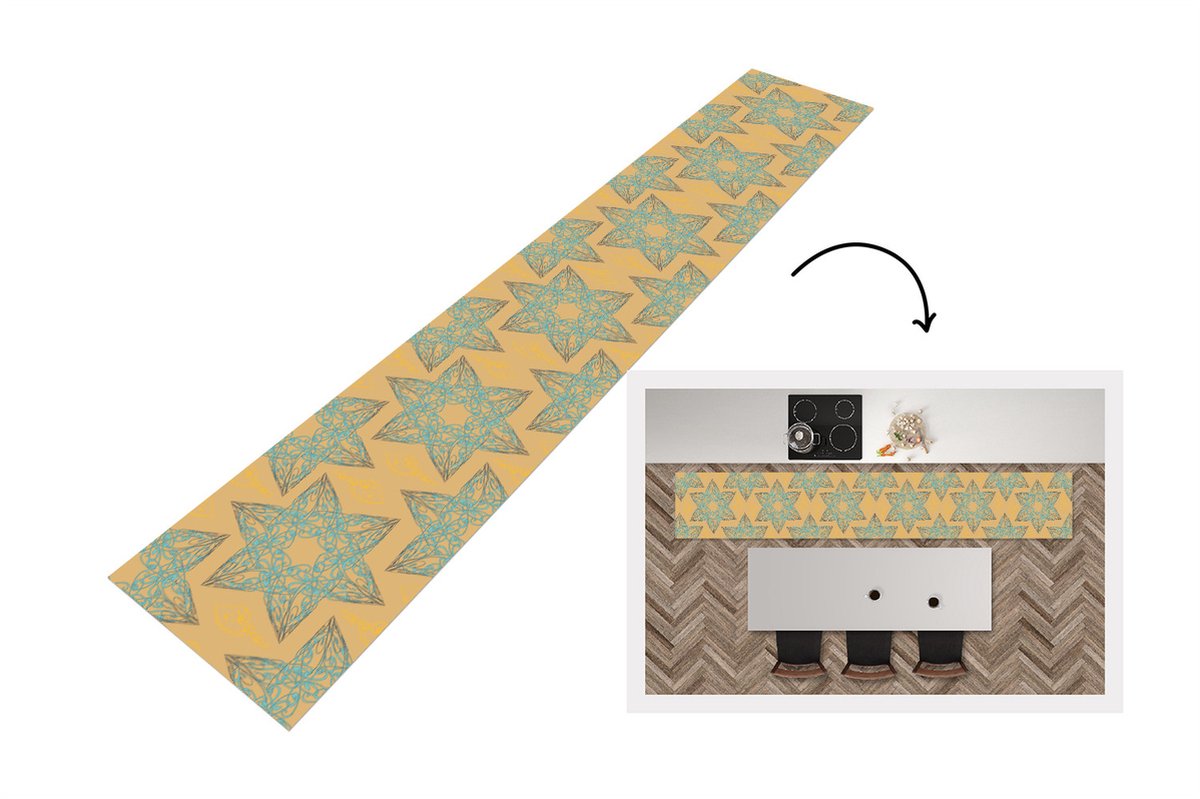 KitchenYeah Keukenloper - Loper keuken - Kerstster - Blauw - Geel - Patronen - Christmas - 300x50 cm - Keukenloper vinyl Multicolor