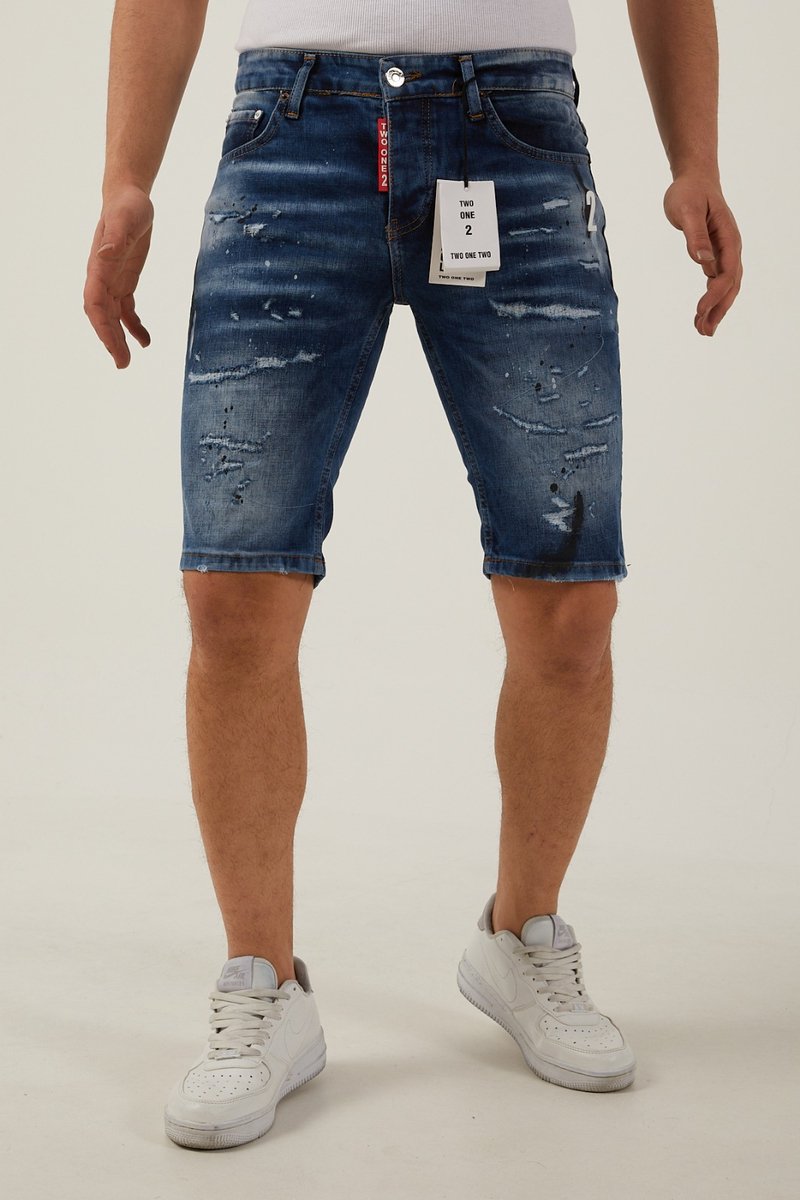 212 By Xway Jeans K-516 | Ripped met Paint Splatter Heren Slim Fit Jeans Shorts | Korte Spijkerbroek | Slim Fit | Premium Street Fashion | Blauw