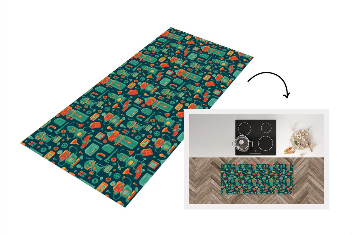 KitchenYeah Keukenloper - Loper keuken - Patroon - Robot - Skateboard - Keukenloper vinyl Multicolor