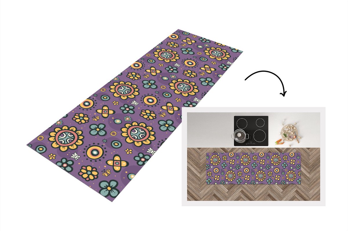 KitchenYeah Keukenloper - Loper keuken - Meisjes - Vlinder - Planten - Patronen - 180x60 cm - Keukenloper vinyl Multicolor
