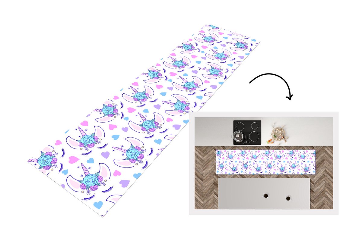 KitchenYeah Keukenloper - Loper keuken - Meiden - Unicorn - Bloemen - Patronen - 240x60 cm - Keukenloper vinyl Multicolor