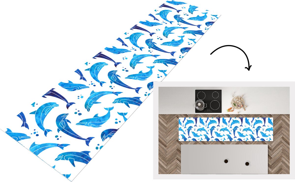 KitchenYeah Keukenloper - Loper keuken - Meisjes - Dolfijn - Dieren - Patronen - 200x50 cm - Keukenloper vinyl Multicolor