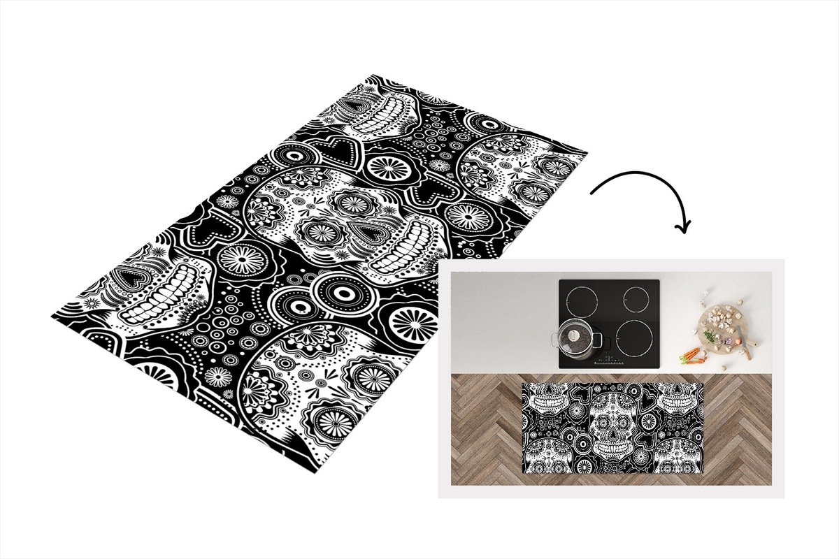 KitchenYeah Keukenloper - Loper keuken - Tieners - Skull - Bloemen - Patronen - 120x60 cm - Keukenloper vinyl Multicolor