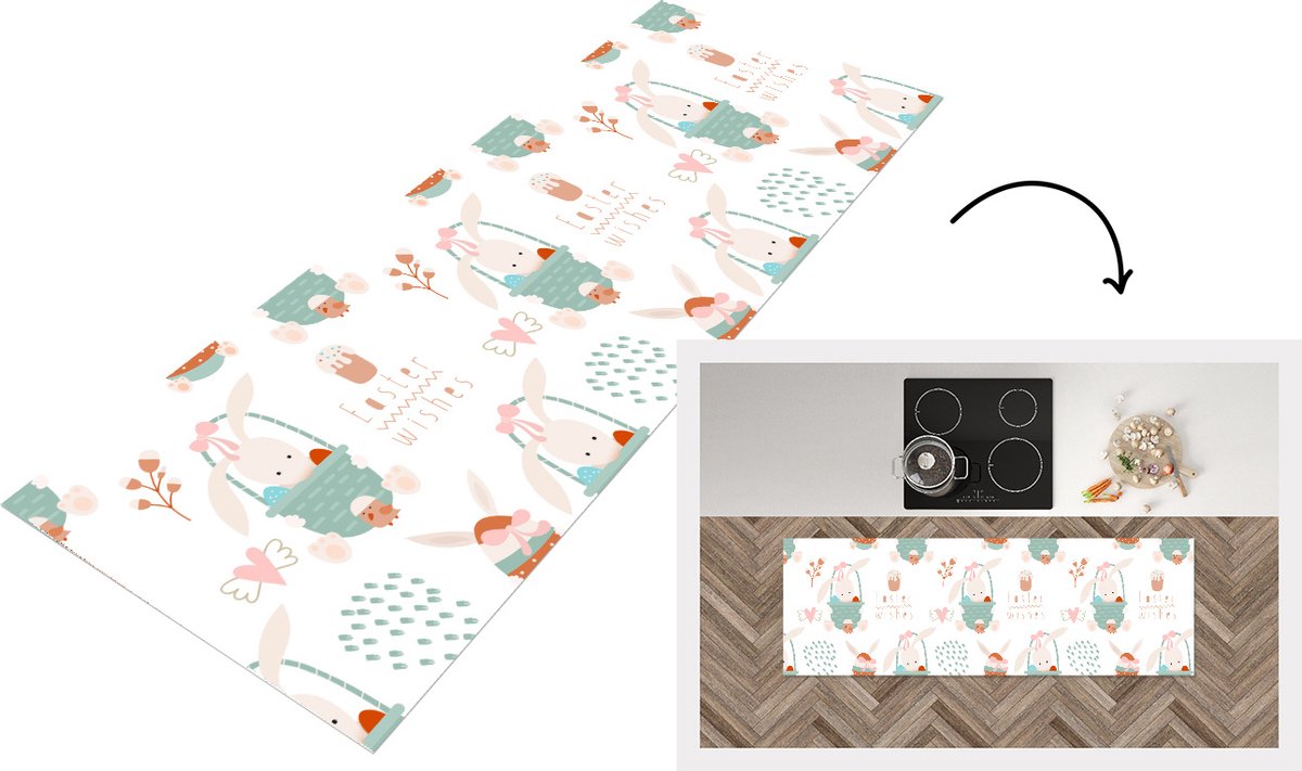 KitchenYeah Keukenloper - Loper keuken - Pasen - Patroon - Paasmand - 150x50 cm - Keukenloper vinyl Multicolor