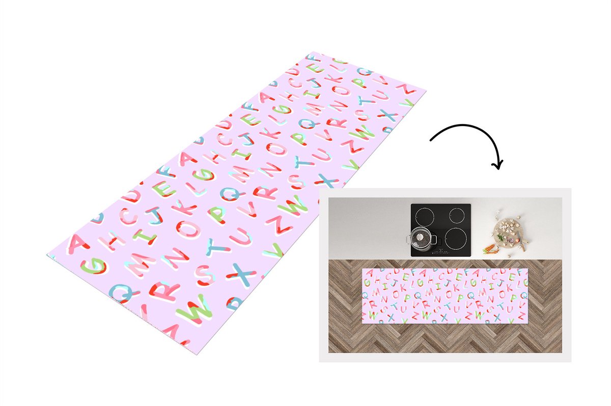KitchenYeah Keukenloper - Loper keuken - Alfabet - Letters - Patroon - 180x60 cm - Keukenloper vinyl Multicolor