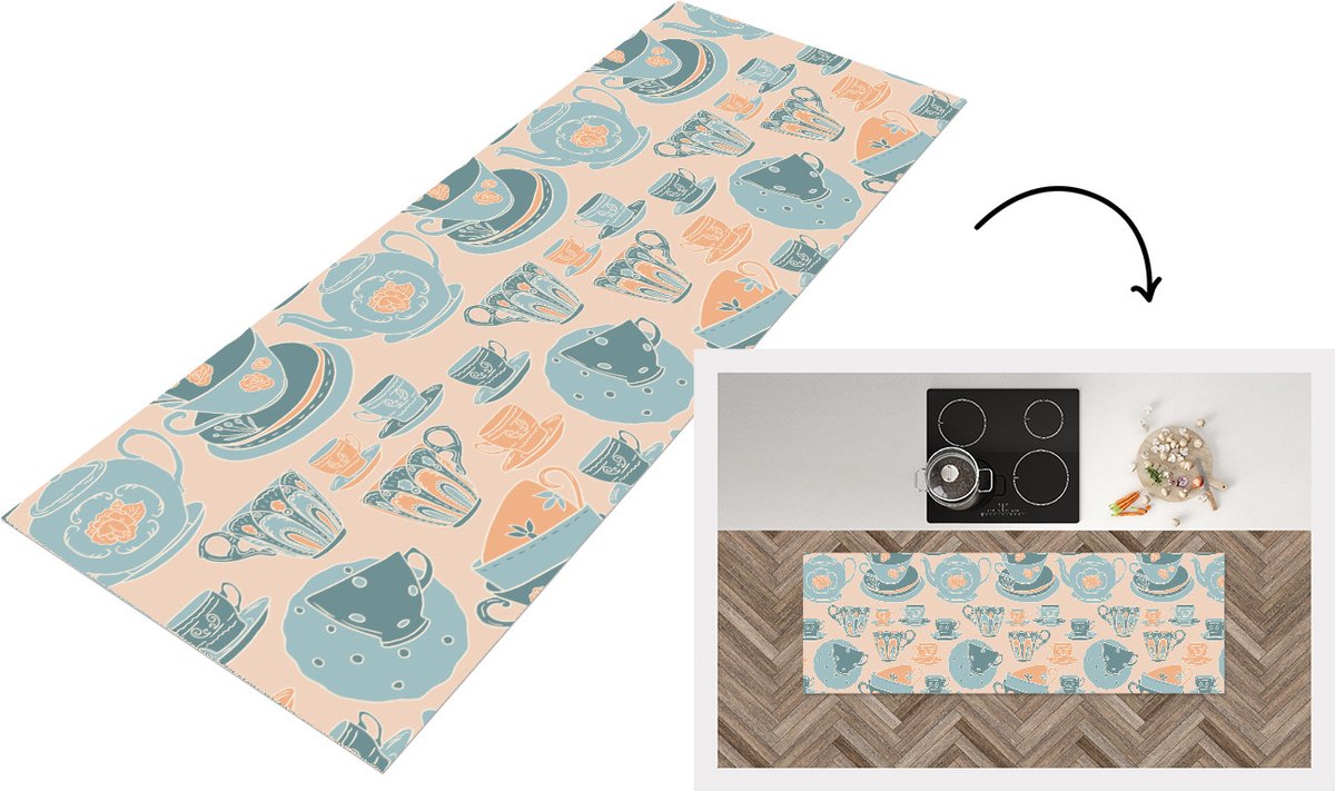KitchenYeah Keukenloper - Loper keuken - Patronen - Vintage - Kopje - Thee - 150x50 cm - Keukenloper vinyl Multicolor