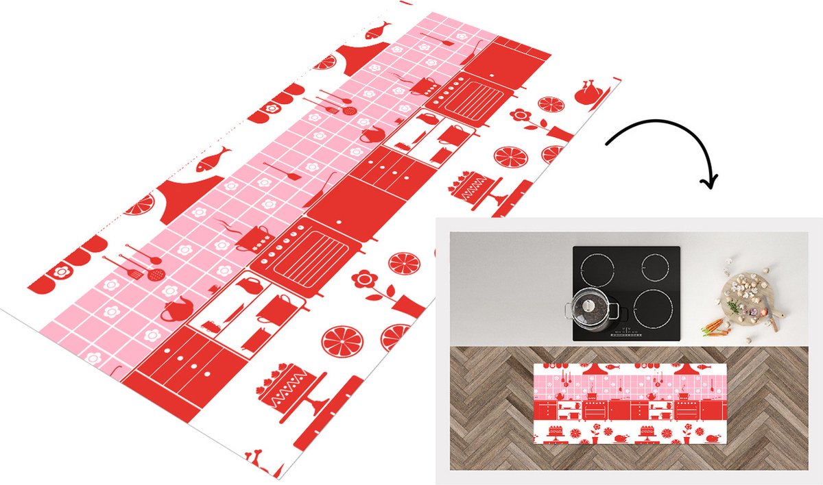KitchenYeah Keukenloper - Loper keuken - Patronen - Pannen - Design - Huis - Roze - 120x50 cm - Keukenloper vinyl Multicolor