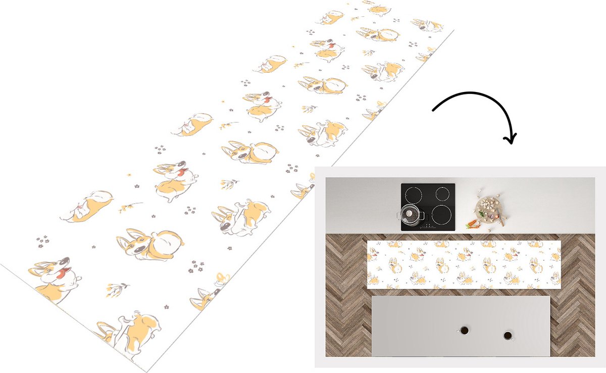 Keukenloper - Loper keuken - Patroon - Corgi - Hond - 200x50 cm - Keukenloper vinyl