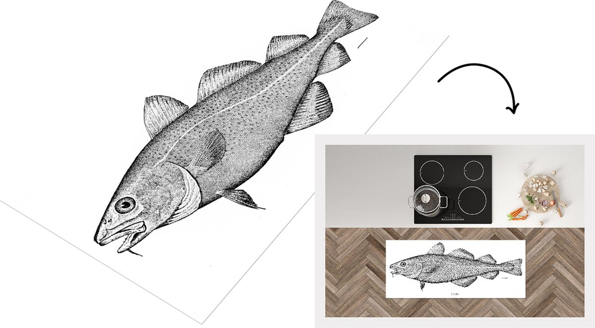 KitchenYeah Keukenloper - Loper keuken - Zwart-wit illustratie van een vis - 120x50 cm - Keukenloper vinyl Zwart; Wit