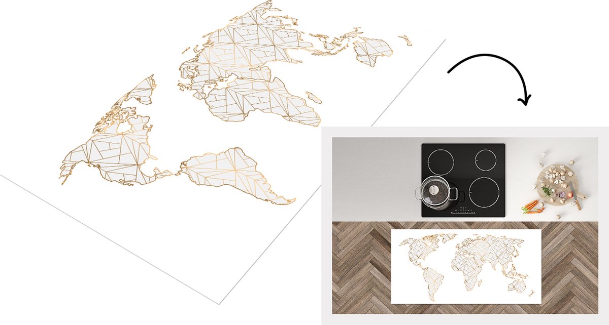 KitchenYeah Keukenloper - Loper keuken - Wereldkaart - Lijn - Goud - 120x60 cm - Keukenloper vinyl Multicolor