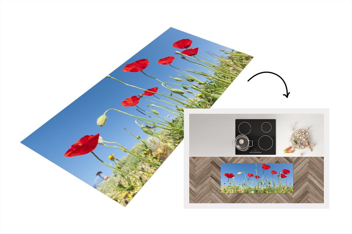 KitchenYeah Keukenloper - Loper keuken - Rode klaprozen onder en knalblauwe hemel in Turkije - 120x50 cm - Keukenloper vinyl Multicolor