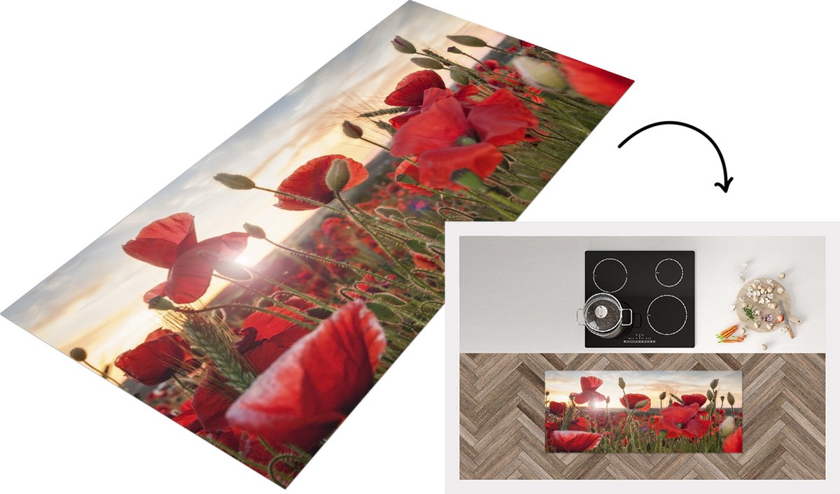 KitchenYeah Keukenloper - Loper keuken - Zonsondergang achter de Klaprozen - 120x50 cm - Keukenloper vinyl Multicolor
