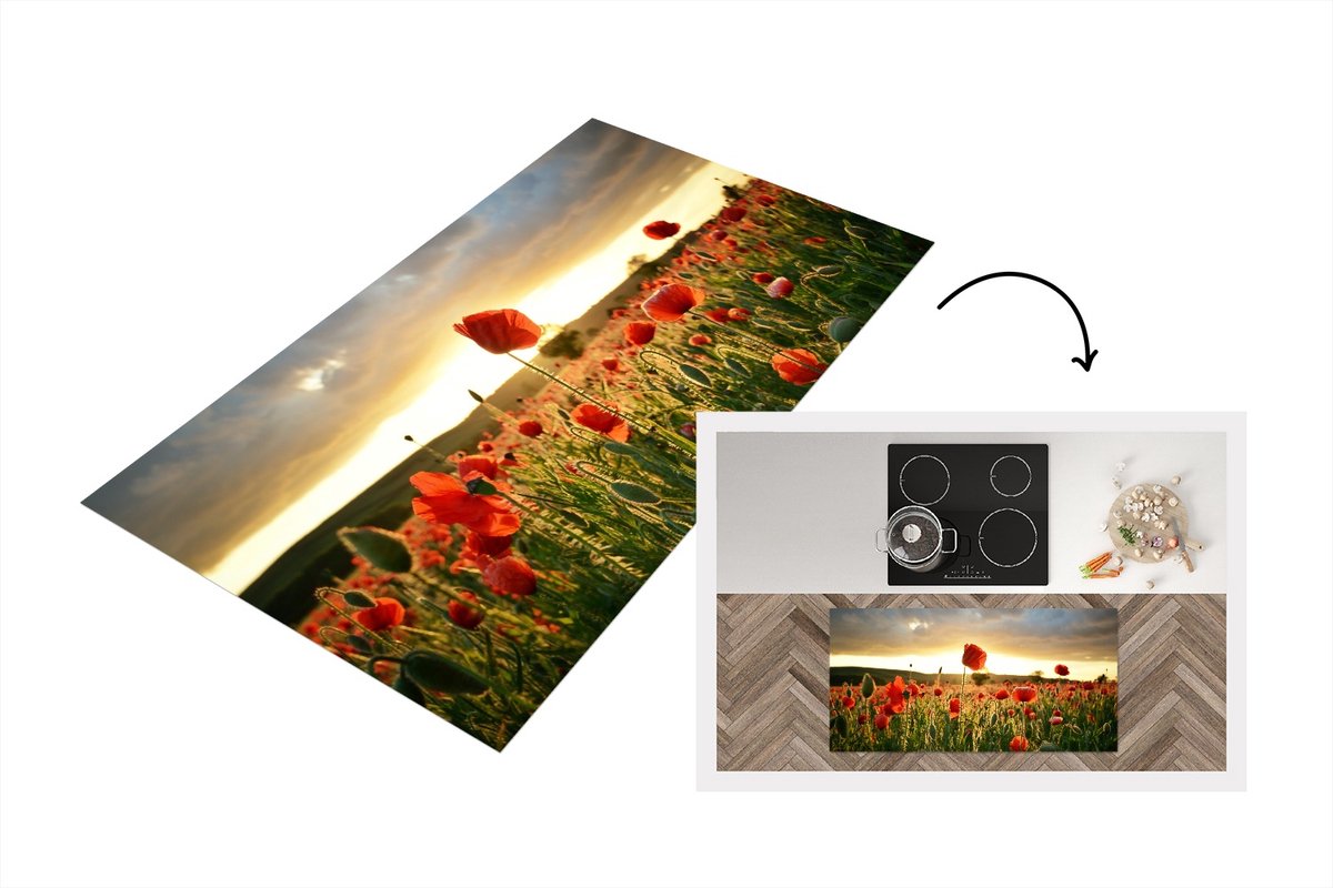 KitchenYeah Keukenloper - Loper keuken - Kleurrijke lucht boven vele Klaprozen - 120x60 cm - Keukenloper vinyl Multicolor