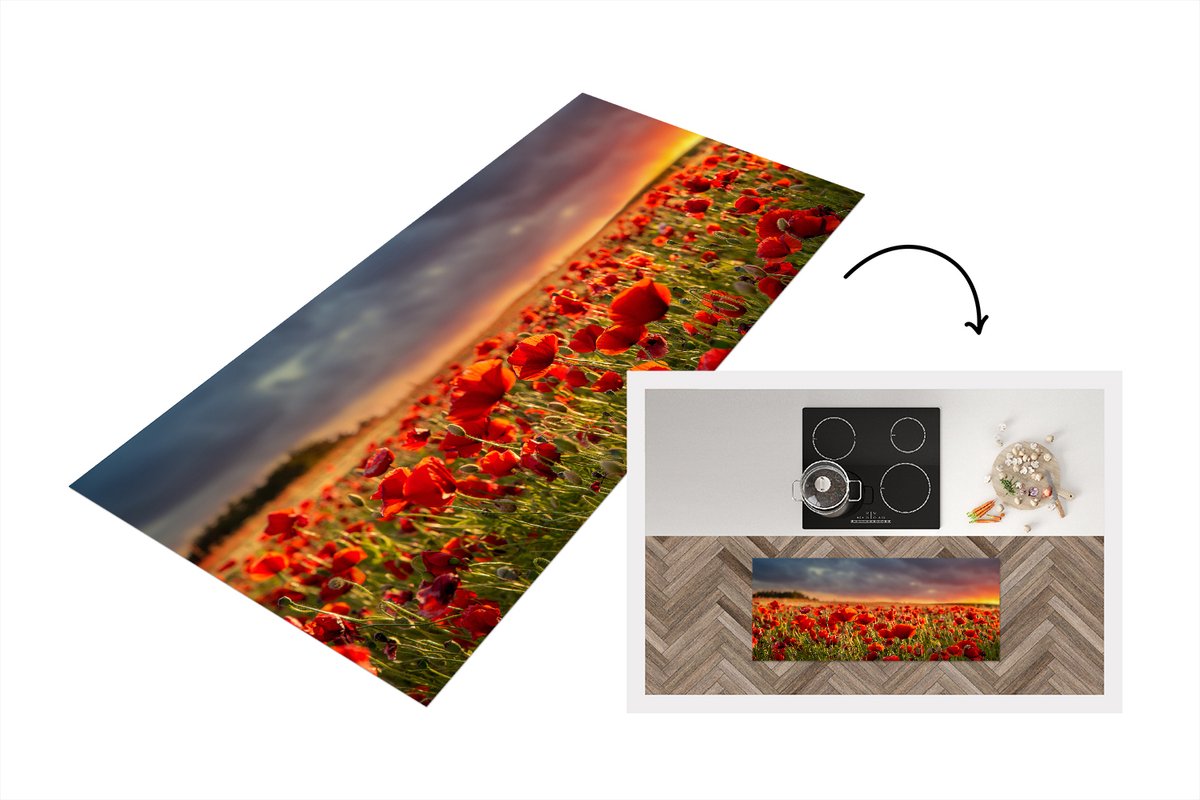 KitchenYeah Keukenloper - Loper keuken - Zonsondergang bij een veld vol Klaprozen - 120x50 cm - Keukenloper vinyl Multicolor