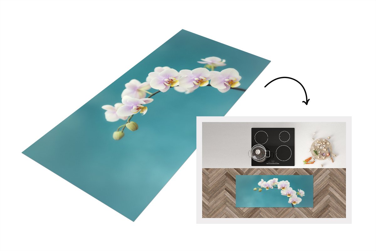 KitchenYeah Keukenloper - Loper keuken - Witte orchideeën op blauw - 120x50 cm - Keukenloper vinyl Multicolor