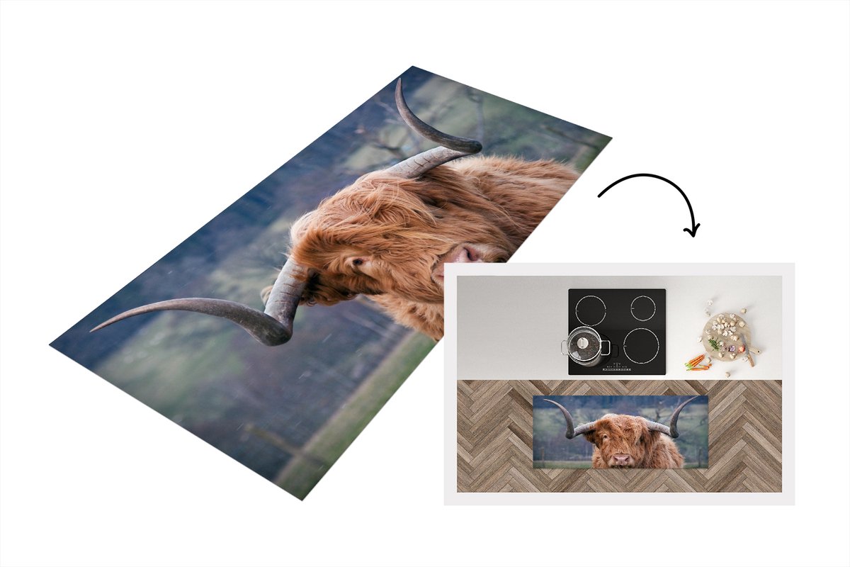 KitchenYeah Keukenloper - Loper keuken - Schotse Hooglander - Koeienkop - Landschap - Keukenloper vinyl Multicolor
