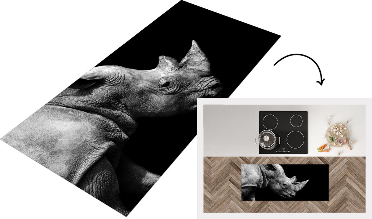 KitchenYeah Keukenloper - Loper keuken - Portretfoto neushoorn op zwarte achtergrond in zwart-wit - 120x50 cm - Keukenloper vinyl Zwart; Wit