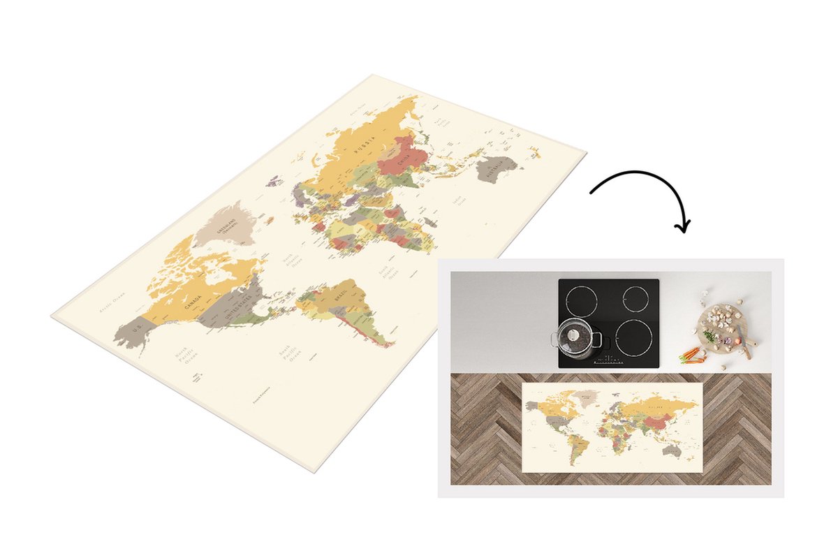 KitchenYeah Keukenloper - Loper keuken - Wereldkaart - Oranje - Simpel - 120x60 cm - Keukenloper vinyl Multicolor