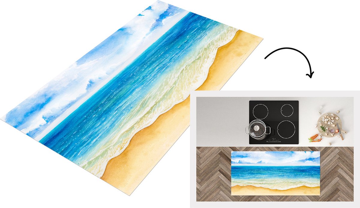 KitchenYeah Keukenloper - Loper keuken - Strand - Zee - Waterverf - 120x60 cm - Keukenloper vinyl Multicolor